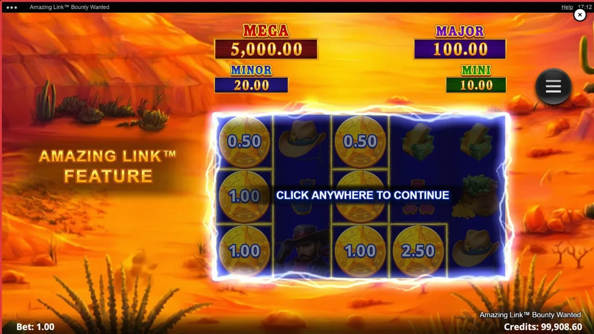 Amazing Link Bounty Wanted slot game interface featuring desert theme and cowboy symbols