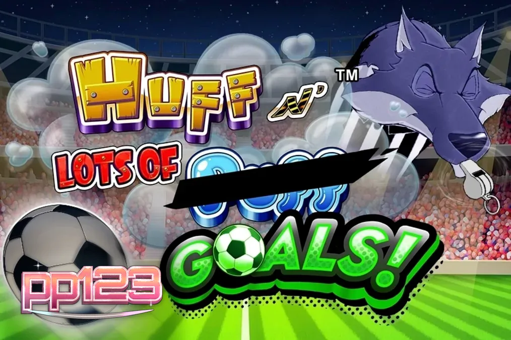 Tampilan visual slot Huff N’ Lots of Goals dengan tema sepak bola dan babi kecil.